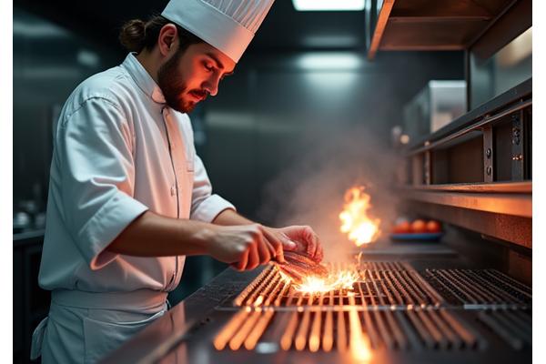 高級レストランのシェフがカスタムグリルで調理する様子