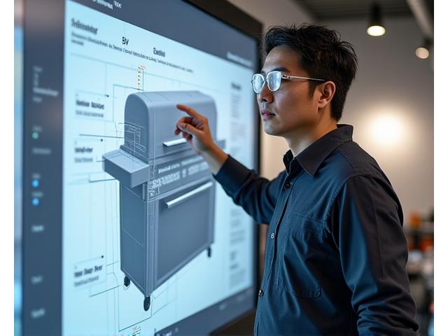チーフ設計エンジニアの田中健二が設計図を指差している